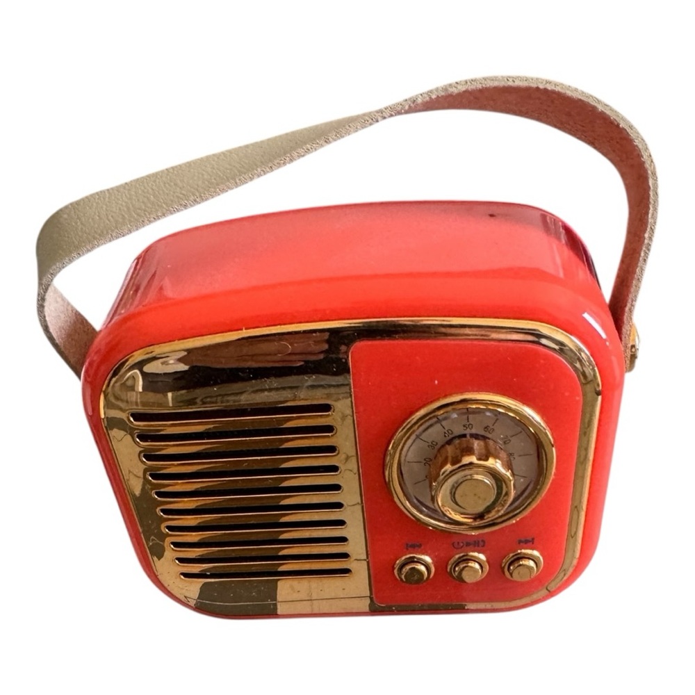 Portable Retro-Style Red Bluetooth Speaker with Gold Accents